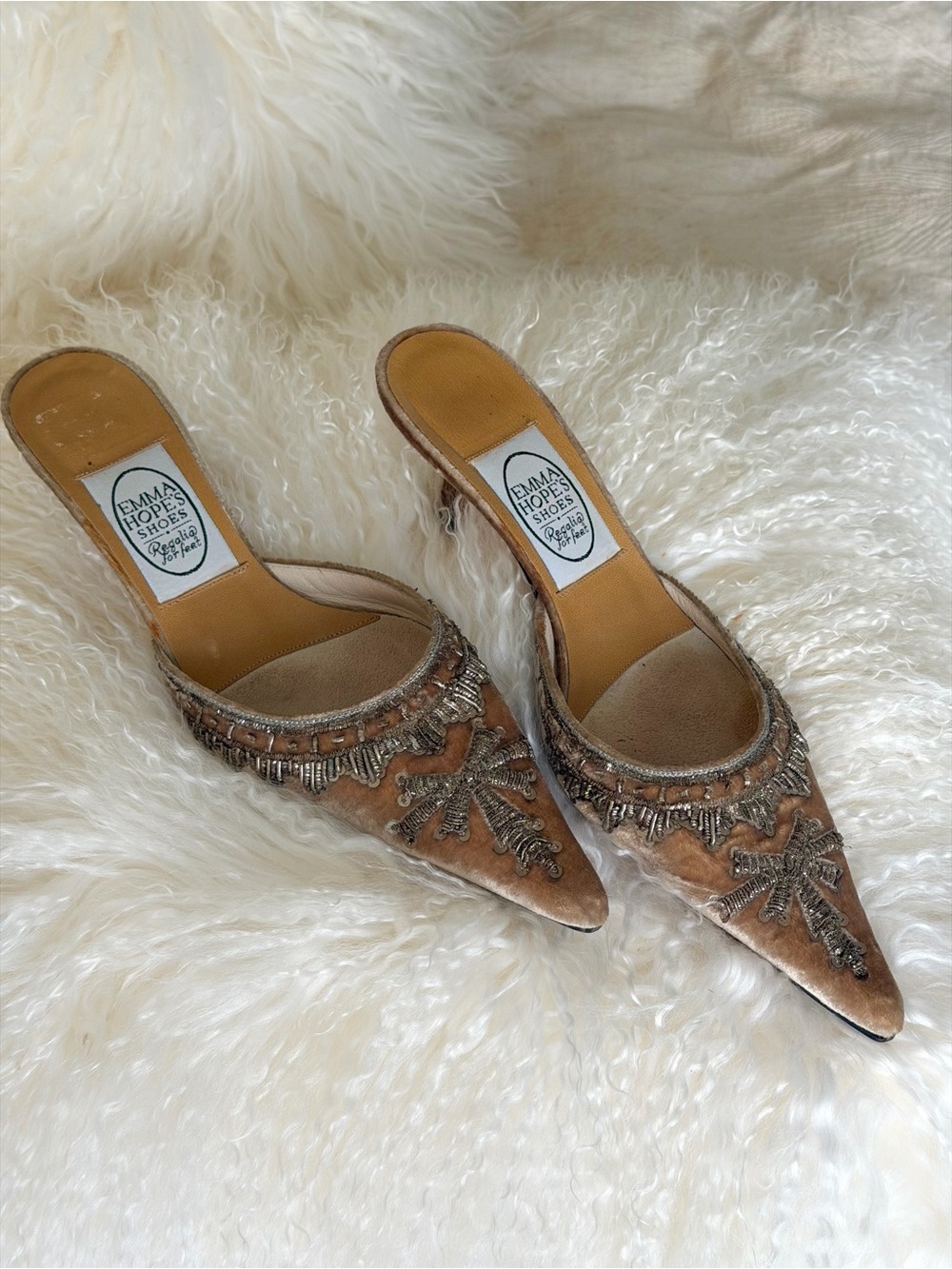 Emma Hope Vintage Italian Mules Shoes Size 37 Embroidered Beaded Pointed Toe